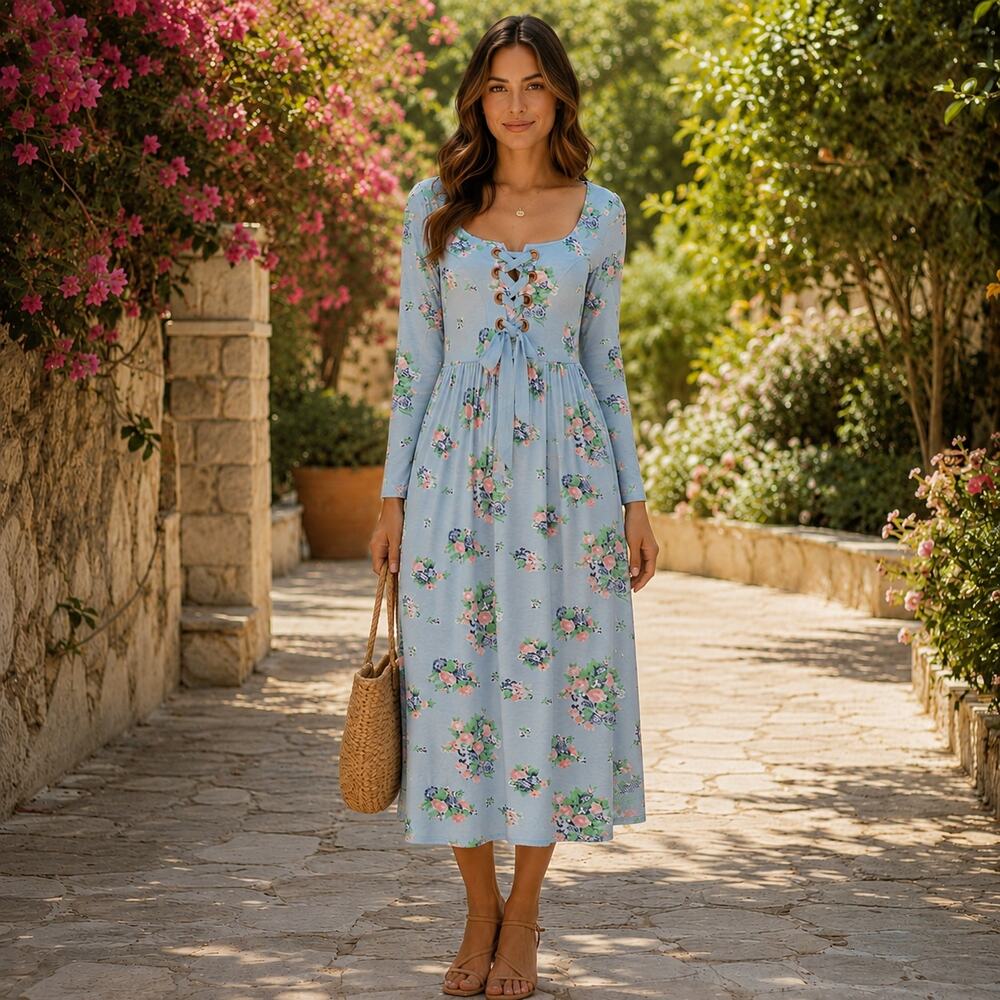 Floral Midi Dress Lace Up Blue Long Sleeve